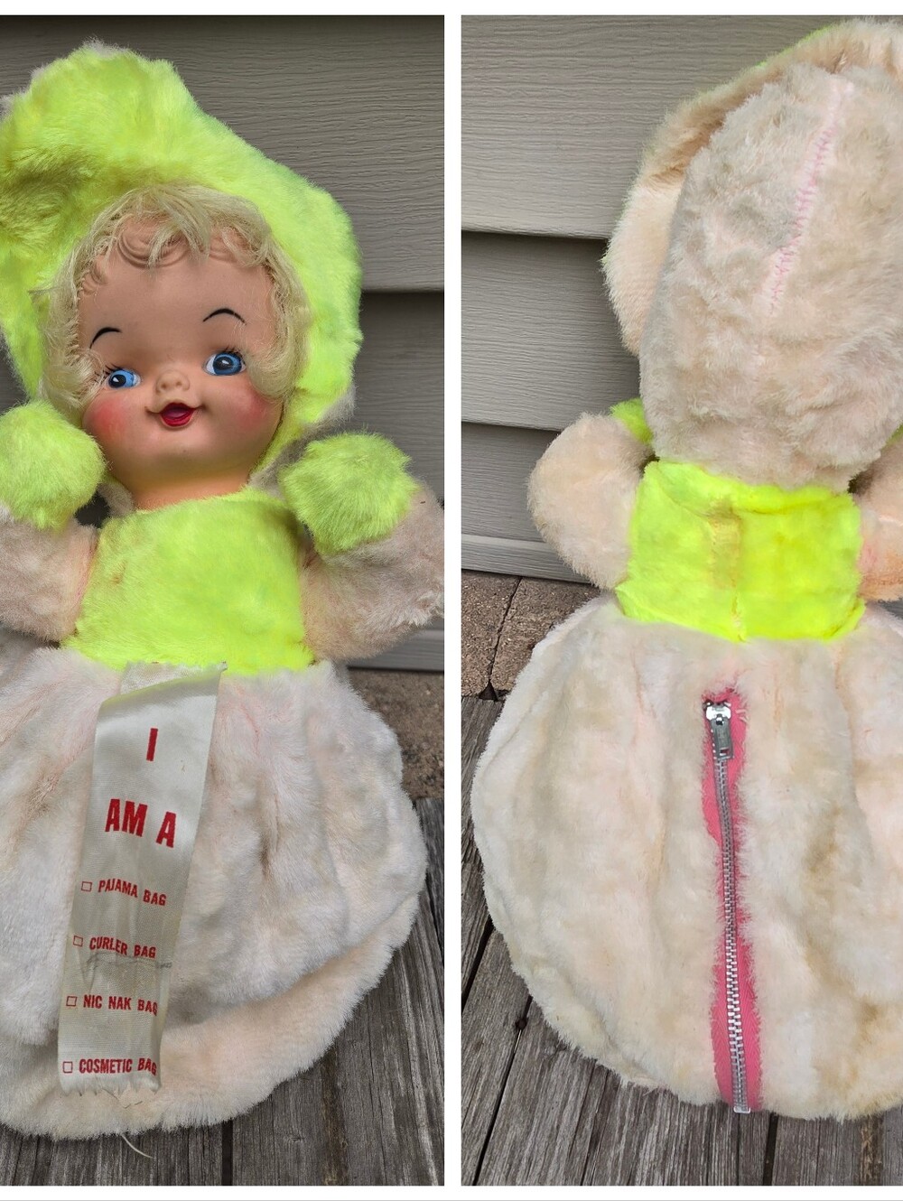 Vtg 60s My Toy Plush Doll Pajama Bag Plastic Face